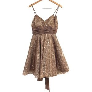 Cinderella Divine Golden Brown Sequin Cocktail Dress Satin Belt‎ 6 Glam Luxury